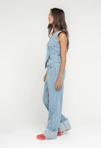 Blue and white striped vest and trousers set, side view showing detailed tailoring.