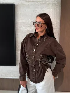 Fashion women brown lace-up denim shirt long sleeve lapel casual short top 6322