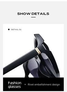 Vue de détail de lunettes de soleil montrant la monture noire élégante et les rivets en métal.