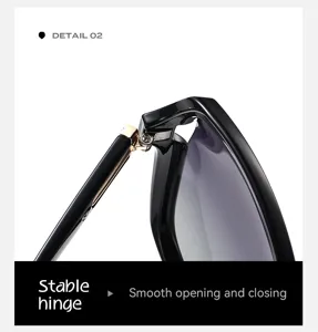 Vue detaillee de lunettes de soleil femme charniere metallique stable cadre TR90 lisse.