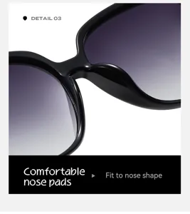 Vue detaillee de lunettes de soleil femme TR90 oversize avec plaquettes de nez confortables.