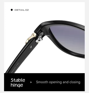 Détail de lunettes de soleil polarisées pour femmes, monture noire, charnière stable.