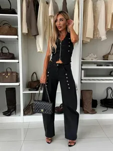 Women's black denim vest and pants set fashion metal buttons sleeveless two piece outfit.
