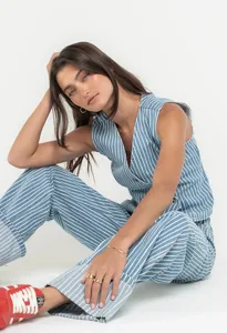 Blue white striped vest and matching trousers set, featuring V-neck and casual style.