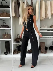 Fashion casual unique metal button sleeveless denim vest and wide leg pants two piece set