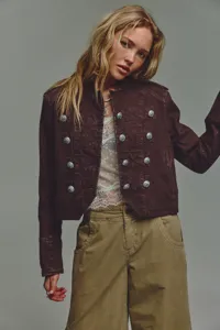 Women long sleeve cropped military jacket brown double breasted casual fashion outerwear