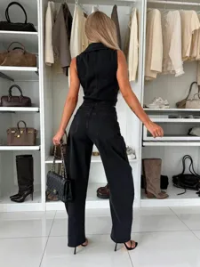Black denim vest and pants two-piece set, sleeveless top with high waist wide leg jeans for women.