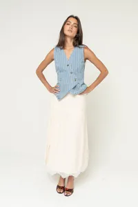 Chic blue striped vest and long skirt set for women, stylish and versatile autumn outfit.