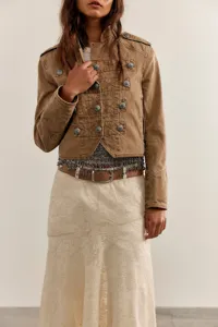 Retro military style cropped denim jacket for women, chic casual long sleeve outerwear.