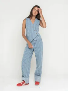Women Casual Striped Vest And Pants Set Autumn Streetwear Loose Sleeveless Top And Straight Leg Long Trousers Outfit