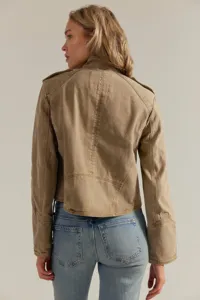Detail view of women's khaki fashion long sleeve biker jacket showing back cut and shoulder design.