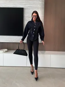 Women long sleeve lapel lace-up waist denim shirt casual fashion short top detail view
