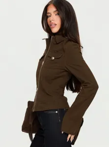 Retro brown cropped utility jacket for women featuring slim lapel, zip closure and pockets.