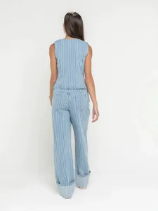 Back view of a casual blue and white striped sleeveless vest and wide leg trousers suit.