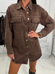 Chemise en Denim Lavé Vintage pour Femme Manches Longues Revers Décontracté Ample Veste Longue Mode