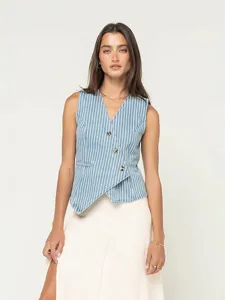 Women's blue white striped asymmetrical vest casual sleeveless top fashion streetwear