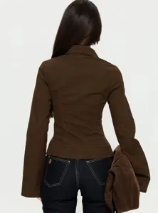 Back view detail of brown cropped jacket showcasing slim fit, lapel collar, and stitching.