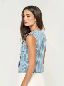 Blue and white striped sleeveless vest top for women casual summer fashion apparel