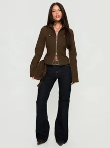 Retro brown cropped utility jacket for women, slim fit lapel zip up casual outerwear style.