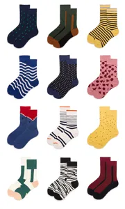 Cotton mid-calf socks detail showing various colorful patterns and striped designs for daily wear