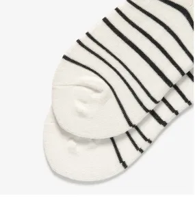 Detailed view of white cotton socks featuring classic black striped patterns for daily wear.