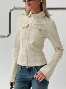 Beige slim fit zip-up utility jacket for women, featuring a classic lapel and dual chest pockets.