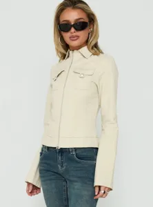 Beige slim-fit utility zip jacket with lapel and chest pockets for women spring fashion trend