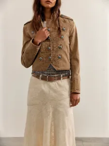 Retro military style brown long sleeve jacket coat for women fashion outfit main view