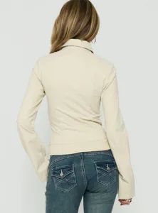 Women slim fit short jacket retro lapel casual outerwear stylish chic apparel detail view.
