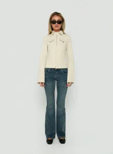 Retro beige cropped utility jacket with lapel and zip. Slim fit fashion apparel detail.