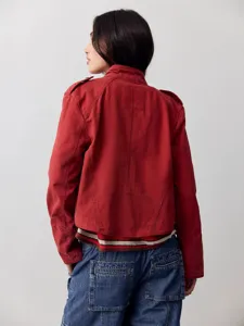 Women red cropped utility jacket with stand collar and long sleeves for autumn style.