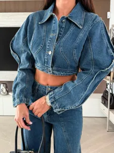 Stylish denim crop jacket and wide leg pants set for women, trendy contrast stitching design.