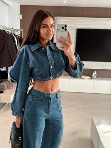 Details of the fashion contrast stitching denim crop jacket and wide leg pants set for women.