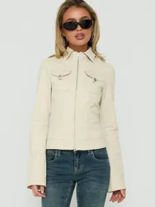 Women's slim fit beige utility jacket with lapel and zipper front, front view main product image.