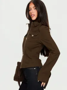 Women brown cropped utility jacket with lapel and zip, stylish slim fit casual outerwear.
