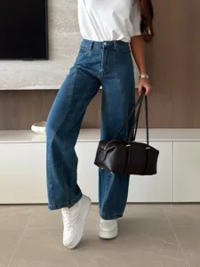 Women's high-waisted wide-leg denim pants with chic front seam details for a stylish casual look.