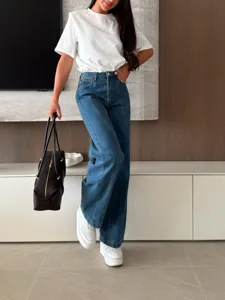 Womens casual denim wide leg pants and white t-shirt fashion clothing outfit set
