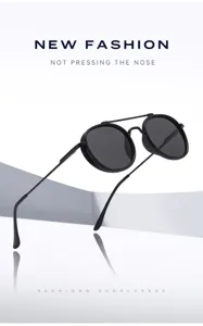 Metal round frame sunglasses detail view, double bridge design, black anti-UV lenses for men women.