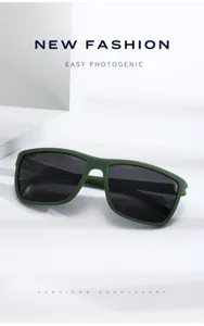 Detailed view of military green frame sunglasses with black lenses, modern outdoor style design.