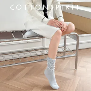 Ballet style bow mid-tube socks for women, light blue summer cotton thin calf pile socks.