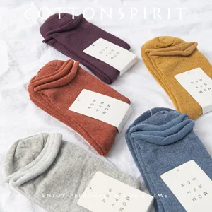 Cozy cotton mid-calf socks with cute roll cuffs in vibrant colors, 5-pack flat lay main view.