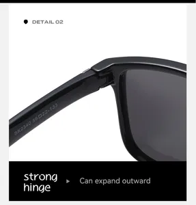 Gros plan sur la charnière de lunettes de soleil noires avec numéro de modèle et branches.