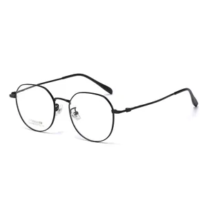 Monture de lunettes optiques en métal titane noir, lunettes rondes polyédriques style coréen.