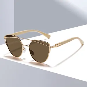 Fashion Women Men Cat Eye Metal Frame Bamboo Wood Temple Sunglasses UV400 Protection Trendy Gradient Sun Glasses