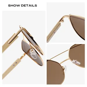Fashion metal frame sunglasses with wooden temples and brown lenses detail view showcase.