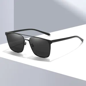 Lunettes de Soleil Polarisées pour Hommes Rétro Vintage Carré Métal Double Pont UV400 Conduite Pêche Lunettes de Soleil Mode