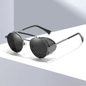 Lunettes de Soleil Rétro Punk en Métal à Monture Ronde avec Équipement Ajouré Latéral Protection UV400 pour Hommes Femmes