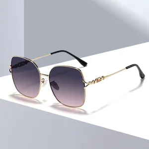 Lunettes de Soleil Mode pour Femmes Cadre en Métal Verres Dégradés Protection UV400 Style Créateur Grandes Lunettes Carrées Avec Branches Chaîne