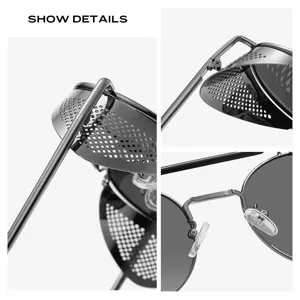 Lunettes de soleil rondes en metal creuses avec ecrans lateraux pour hommes et femmes stylisees.