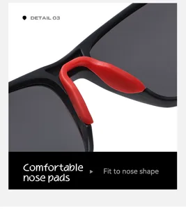 Men's sports polarized sunglasses detail shot featuring comfortable red silicone nose pads.